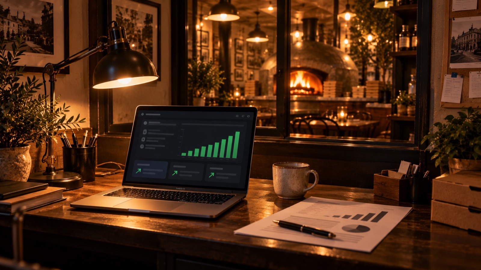 Laptop showing a rising chart on a restaurant counter