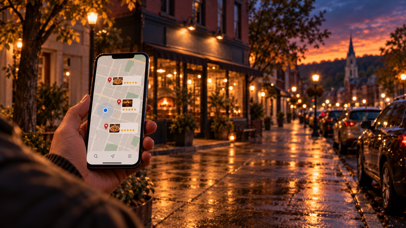 Phone showing Google Maps results on a main street